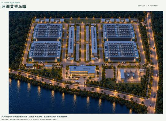 Aerial rendering of the finished Bintan campus at blue hour. Perimeter fence lighting traces the site boundary, streetlights line the ring road, the four data halls glow with cool interior light, and the reservoir in the foreground reflects the shore lights.