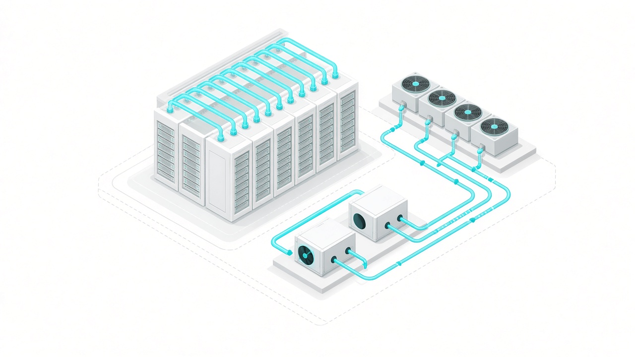 Isometric liquid cooling loop connecting racks, CDUs and dry coolers