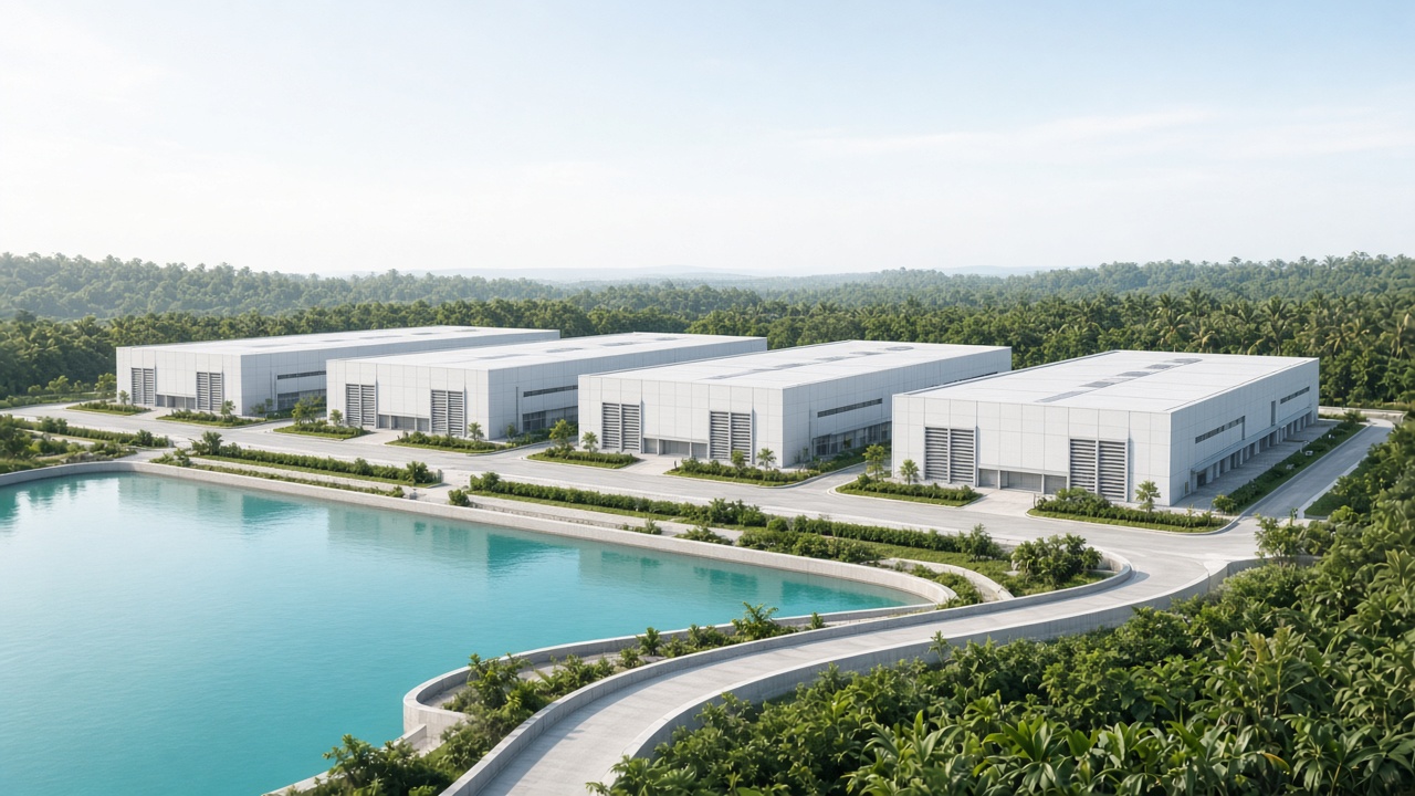 Daytime aerial of the Bintan Phase 1 campus: four data halls, central plant and reservoir in tropical forest.