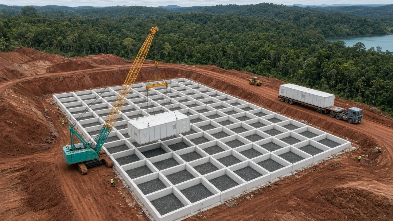 Crane hoisting the first white steel room-module onto a dense empty concrete grid