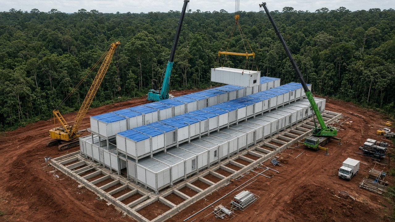Multiple cranes stacking dozens of white prefab room-modules into a long hall