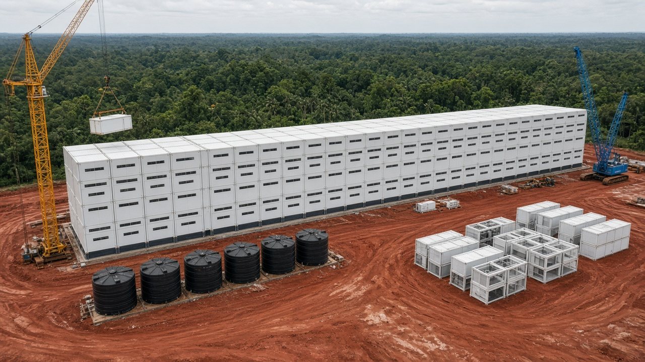 Continuous multi-storey white modular facade of dozens of identical steel bays