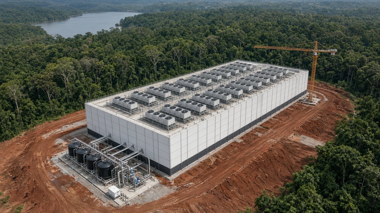 Near-complete modular hall with roof dry-coolers and a mechanical yard