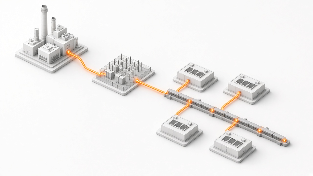 Isometric power chain: plant, substation, spine, four data halls